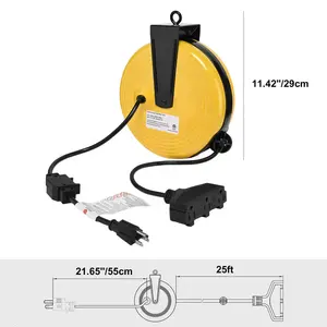 16/3 Gauge SJTW 25FT Extension Cord Reel With 3 Outlets And Circuit Breaker Ceiling/Wall Mount Retractable Cord Reel For Garage