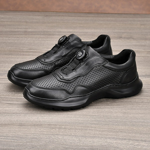 Men's Leather Walking Shoes <b>Round</b> <b>Toe</b> Breathable Mesh Lining Rubber Outsole Low <b>Heel</b> Automatic Buckle Comfort Casual Shoes - Product Image 2
