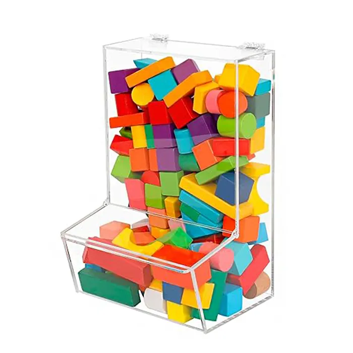 Dispenser mainan dinding akrilik bening bentuk L, dengan tutup berengsel dinding akrilik Lego mainan mobil untuk ruang anak-anak