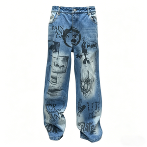 Jeans de Mezclilla Rectos Personalizados para Hombre, Jeans de Pierna Recta Transpirables con Estampado DTG, Jeans de Mezclilla con Cristales - Product Image 1