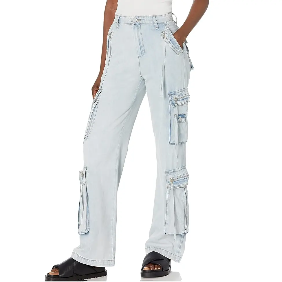 Exportgerichte Color Fade Proof Dames Cargo Pocket Jeans Broek Reguler Taille Lange Lengte Cargo Damesbroek Van Bangladesh