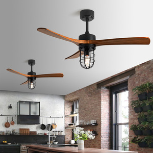Retro Style Solid Wood <b>Ceiling</b> <b>Fan</b> Light With Led Bulb Flush Mount For Living Room And Dining Room - Product Image 1