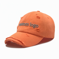 Casquette de baseball à 6 panneaux en twill déchiré et vieilli avec broderie de logo personnalisé, en coton lavé vintage