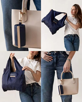 Sac fourre-tout pliable réutilisable en cuir PU avec porte-clés, sac à main compact, pochette portable, anneau porte-clés, pour voyage, plage, courses et usage quotidien
