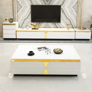 Modern lüks tasarım beyaz siyah altın metal tv standı dolapları ve sehpa seti tv ekran dolabı oturma odası için