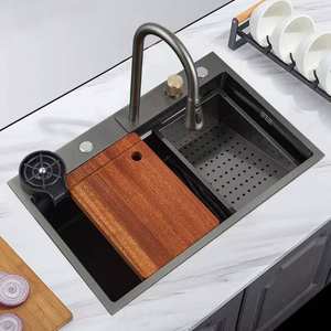 Fregadero de cocina doméstico de acero inoxidable 304 engrosado, integrado, extensible y oculto, con función de lluvia. - Product Image 1