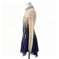 Robe de patinage artistique bleu marine dégradé à col montant et manches longues, entièrement ornée de strass, dos ouvert, pour concours de danse sur glace