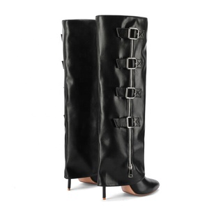 Metal Buckles <b>High</b> Slim Heels Women <b>Knee</b> <b>High</b> Overlay Boots Western Styles Pointed Toe Pants Long Booties Side Zipper Shoes - Product Image 6