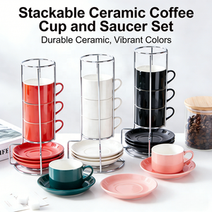Set di Tazze e Piattini da Caffè in Ceramica Impilabili |   Set di 4 Tazze da 3oz/5oz/8oz/10oz con Supporto in Metallo |   Espresso/<span class=keywords><strong>Latte</strong></span>/Cappuccino/Tè/Regalo - Product Image 2
