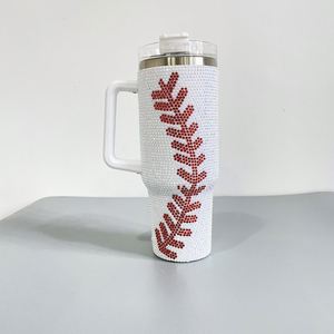 Full Wrap Stainless Steel White Yellow <b>Thermos</b> <b>Bottle</b> Cup Rhinestone Baseball Print Bling Tumbler - Product Image 4