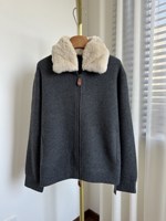 Pull cardigan en cachemire vintage d'automne LP Consaini avec col en fourrure de lapin amovible à capuche, fermeture éclair en laine tricotée