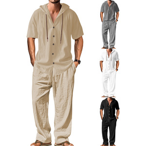 Conjunto de Camisa de Lino y Algodón con Capucha para Hombre, Pantalones Holgados de Manga Corta, Traje Informal en Gris, Blanco, Negro y Caqui, Ropa Casual DF-999 - Product Image 3