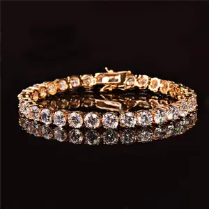 Mens AAA Cubic Zirconia Tennis Bracelet Chain Hip Hop Jewelry Iced Finish 1 Row Gold CZ Bracelet Link