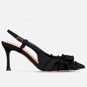Zapatos de tacón de aguja con correa trasera de perlas para mujer, sandalias de vestir con lazo y punta fina de tela vaquera para oficina - Product Image 6