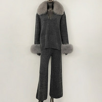 Ensemble de chandails en tricot populaires Jancoco, chandail ample pour femmes avec col et poignets en vraie fourrure de renard, veste et pantalon