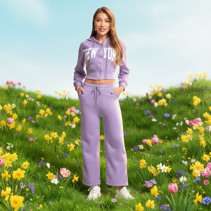 Tuta da donna viola con cappuccio New York, in cotone, vestibilità ampia, stile casual primaverile, con coulisse e tasche laterali - Product Image 2