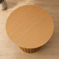 Table à manger ronde à piétement cannelé, placage en bois naturel, MDF, base fixe simple
