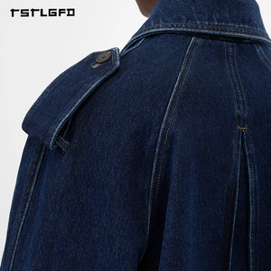 Veste trench courte en denim de coton bleu foncé pour homme, double boutonnage, coupe décontractée, printemps-automne - Product Image 6