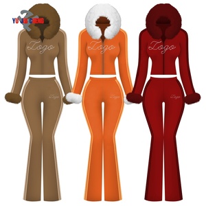 Tuta Invernale in <span class=keywords><strong>Velluto</strong></span> a Due Pezzi Personalizzata per Donne, Giacca con Cappuccio in Pelliccia, Ricamo Effetto Vissuto, Felpa con Zip e <span class=keywords><strong>Pantaloni</strong></span> a Zampa - Product Image 2