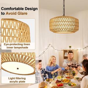 Lustre LED en rotin à hauteur réglable, style ferme, angle <span class=keywords><strong>de</strong></span> faisceau 360°, éclairage suspendu rustique pour îlot <span class=keywords><strong>de</strong></span> cuisine et chambre à coucher - Product Image 6