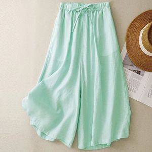 Cotton Linen Wide Leg Pants Loose Fit <b>Elastic</b> Waist Culottes Women's Casual Breathable Summer Style Green - Product Image 1