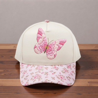 Casquettes de baseball 5 panneaux en coton floral de haute qualité avec logo brodé personnalisé, casquettes snapback sport 5 panneaux motif papillon