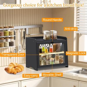 Caja de Almacenamiento de Pan de Bambú de Doble Capa, Organizador de Cocina de Escritorio, Contenedor de Alimentos y Artículos Diversos, Color Negro Oscuro Madera - Product Image 4