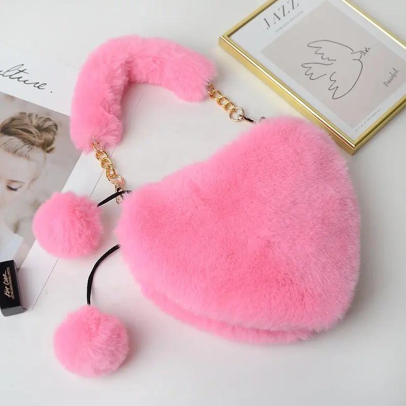 best selling pink fashion plush ladies handbags shoulder bag soft faux fur hand bag love heart shaped chain purses for women