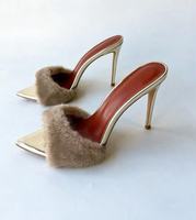 Mules à Talon Plume Personnalisées de Luxe en Fourrure Moelleuse pour Femmes, Sandales à Talons Hauts Aiguille Sexy à Enfiler