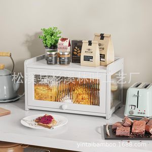 Boîte à pain en bambou blanche 35x20x25 cm avec porte en verre, armoire de rangement de cuisine pour gâteaux, desserts et collations - Product Image 2