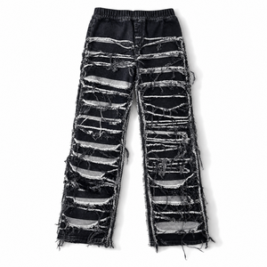 <span class=keywords><strong>Jeans</strong></span> da Uomo in Denim Elasticizzato Grigio Scuro, Gamba Larga, Effetto Usurato <span class=keywords><strong>con</strong></span> <span class=keywords><strong>Strappi</strong></span> a Scala su Tutta la Lunghezza, Bordi Sfilacciati e Fodera Grigia - Product Image 1