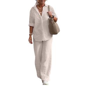 Ensembles pour femmes de <span class=keywords><strong>grande</strong></span> <span class=keywords><strong>taille</strong></span> style ou logo ODM personnalisé de la manufacture ensemble chemise décontractée chemisier <span class=keywords><strong>pantalon</strong></span> à jambes larges ensemble de pantalons deux pièces pour femmes pour le printemps - Product Image 1