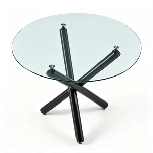 Modern Round Dining <b>Table</b> Tempered Glass Tabletop Black Metal Pedestal Glass Dining Room Furniture - Product Image 3
