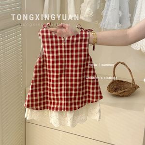 Child Star Circle Girls Red Plaid Sleeveless Dress Spaghetti Strap Breathable Summer Wear - Product Image 4