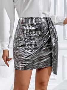 Falda Tubo Ajustada Metálica con Estampado de Escamas de Pescado para Mujer, Cintura <span class=keywords><strong>Natural</strong></span>, Tejido Transpirable, Diseño Plisado, Color Sólido - Product Image 3