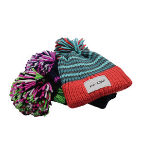 Bonnet de ski <span class=keywords><strong>d</strong></span>'hiver en tricot rayé en laine islandaise personnalisé avec pompon arc-en-ciel, grand bonnet à pompon en crochet avec logo personnalisé - Product Image 2
