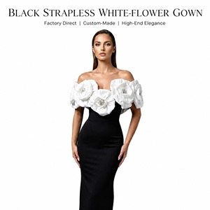 Abito da Sera Nero Personalizzato Senza Spalline per Donne, Corpetto in Tessuto Bianco con Fiori e Cristalli, Elegante e Formale, Vendita all'Ingrosso - Product Image 1