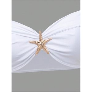 ชุดว่ายน้ำแบบ 3 ชิ้นสำหรับผู้หญิง ชุดบิกินี่แบบเปิดไหล่ พร้อมกระโปรงคลุม ผ้าสแปนเด็กซ์ ไนลอน ยืดหยุ่นได้ - Product Image 4