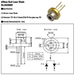 Diodo Láser Rojo LD de Grado Industrial de 5.6 mm con Brillo Uniforme PD, 3 Pines, 650 nm, 5 mW, 2.2 V - Product Image 6