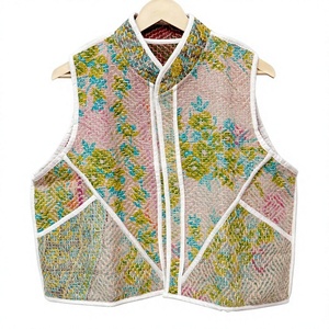 Gilet tissé à imprimé floral avec col mandarin et surpiqûres contrastées, style automne/printemps, veste vintage Kantha pour femme - Product Image 1