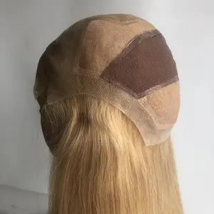 Breath Well Swiss Lace dengan Pu Di Sekitar Wanita Hair Topper Fullhand Dibuat dengan Penutup Tanpa Lem Honey Blonde Medis Wig Rambut Manusia