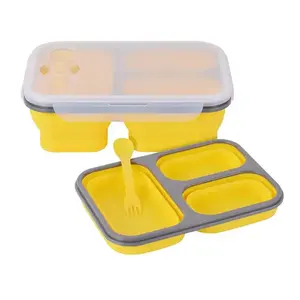 Boîte à lunch pliable hermétique extensible en silicone 3 compartiments pliable Bento Lunch Box