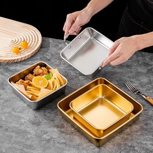 Stainless Steel Square <b>Snack</b> <b>Tray</b> Gold Color Double Ear Food Serving Plate For Barbecue Hot Pot - Product Image 1