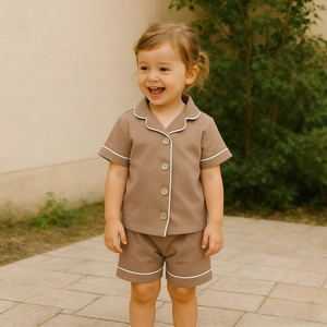 ホンボ 2ピース 100%綿生地パジャマ 幼児用パジャマ カスタムロゴ 子供用夏用半袖ショートパンツ キッズサテンパジャマ - Product Image 3