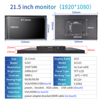 1000 Nits 21.5 Inch 1920*1080 Open Frame Monitor Industrial Use TFT LCD Resistive Capacitive Touch Screen Display With VGA HDMI