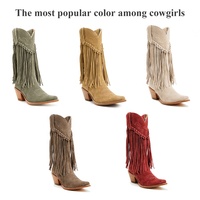 Sepatu Bot Koboi Wanita CHENO Private Label Fashion, Ujung Runcing, Hak Tebal, Suede, Rumbai, untuk Pengecer Fashion