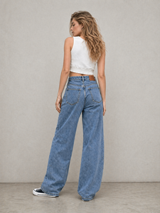 High Waisted Bleach Wash Wide Leg Jeans Women Vintage Baggy Denim Pants Casual Loose Fit Stretch Trousers Streetwear Y2K <strong>Fashion</strong> - Product Image 3