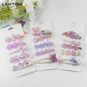 2024 New Fashion Cartoon Girls Pearl Hair Accessories Purple Blue And Green Personality Crystal Flower Hairpin Hair Clips