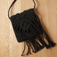 Black Macrame Designer Women Purses Bags Handbags Cross Body Bag Cotton Fabric Hand Purse With Tassels