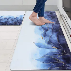 Lot de 2 tapis de cuisine bleus et dorés antidérapants imperméables tapis de sol de cuisine sur pied pour évier blanchisserie
